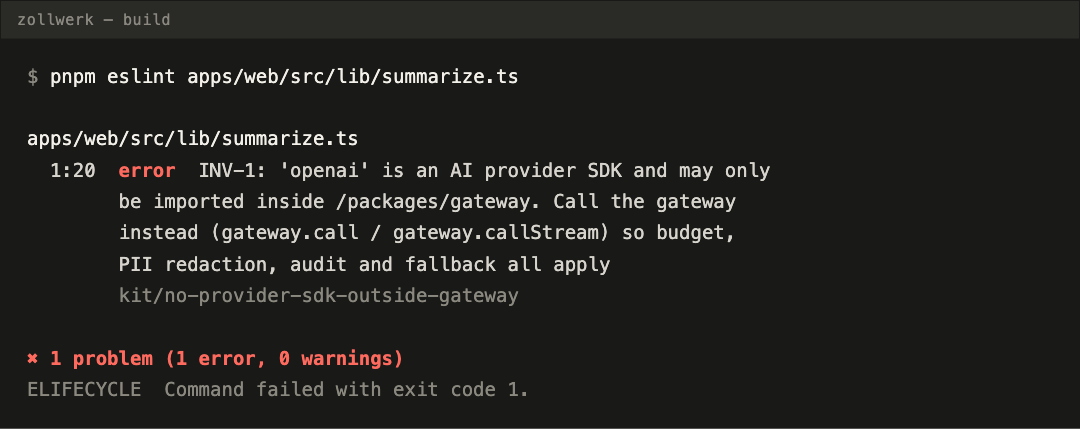 Terminal output: the build fails with a lint error on a direct provider SDK import.